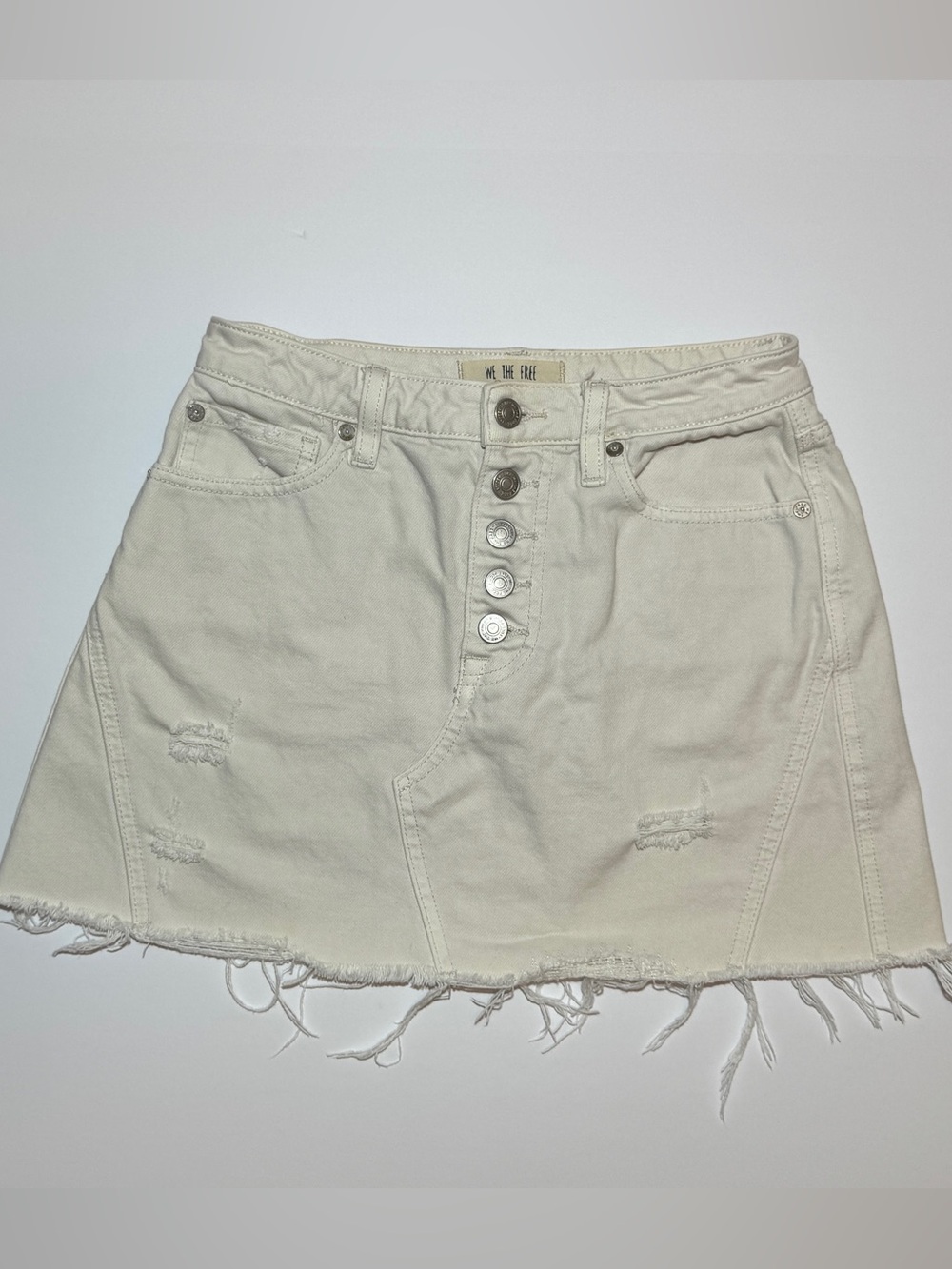 Free People Cream Button-Front Distressed Denim Mini Skirt